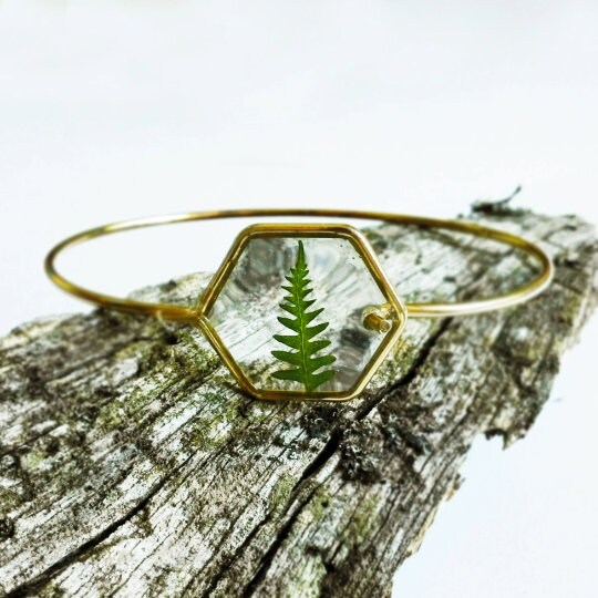 Geometric bracelet, Fern resin bracelet, Hexagon bracelet, Simple gold bracelet, Geometric jewelry, Solid bracelet gold, Unique gift for her