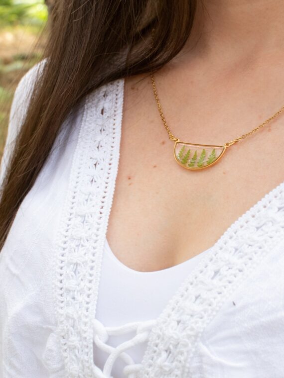 Botanical necklace, Pressed fern necklace, Minimalist geometric necklace, Terrarium necklace, Real plant jewelry, Semicircle necklace