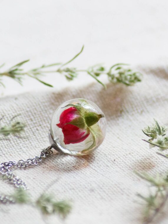 Red Rosebud Pendant Necklace - Tiny Flower Jewelry