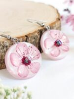 Cherry blossom earrings, Real flower earrings, Pink flower earrings dangle, Sakura jewelry, Round dangle earrings, Birthday gifts for women