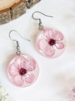 Cherry blossom earrings, Real flower earrings, Pink flower earrings dangle, Sakura jewelry, Round dangle earrings, Birthday gifts for women