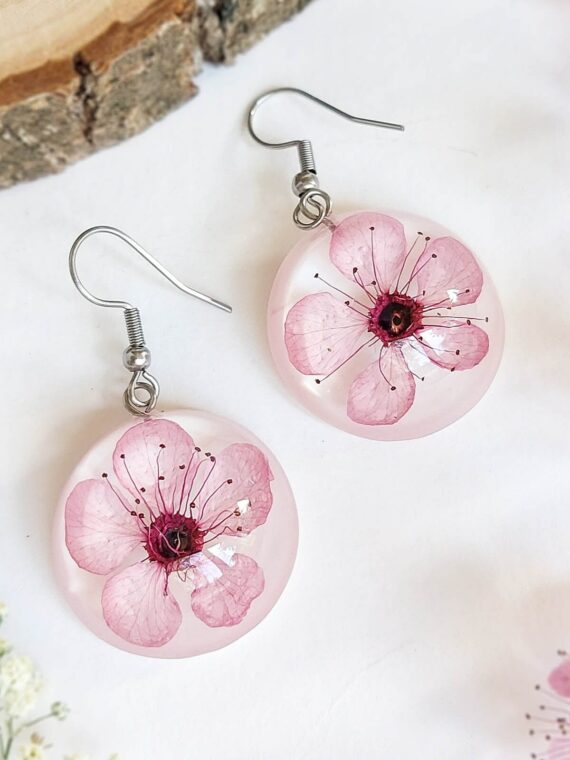 Cherry blossom earrings, Real flower earrings, Pink flower earrings dangle, Sakura jewelry, Round dangle earrings, Birthday gifts for women