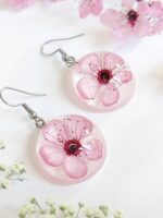 Cherry blossom earrings, Real flower earrings, Pink flower earrings dangle, Sakura jewelry, Round dangle earrings, Birthday gifts for women