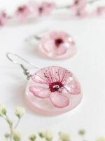 Cherry blossom earrings, Real flower earrings, Pink flower earrings dangle, Sakura jewelry, Round dangle earrings, Birthday gifts for women