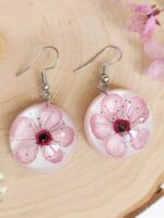 Cherry blossom earrings, Real flower earrings, Pink flower earrings dangle, Sakura jewelry, Round dangle earrings, Birthday gifts for women
