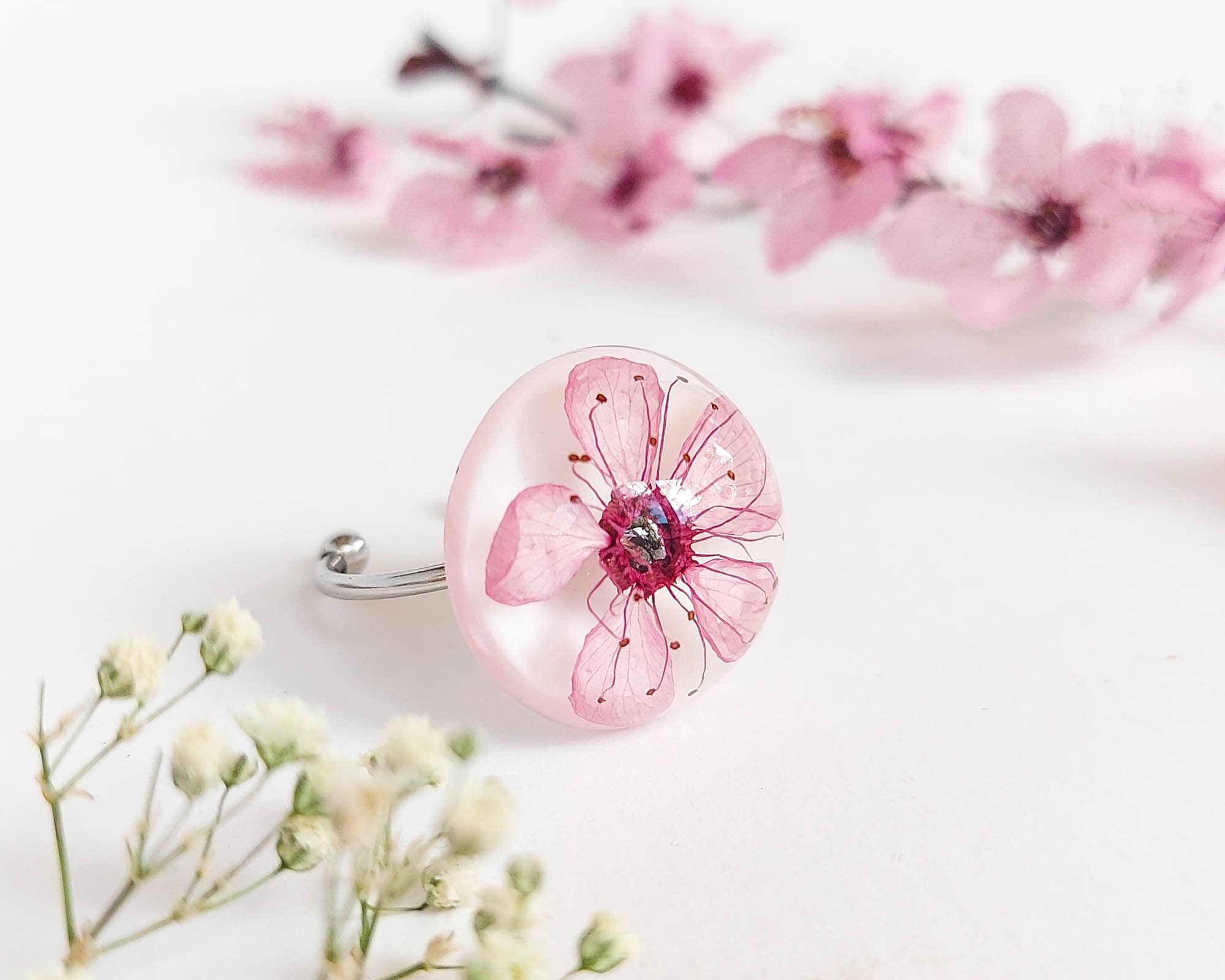 Cherry blossom ring, Pressed flower ring adjustable, Pink flower ring, Sakura jewelry, Cute birthday gifts for women, Pink floral ring
