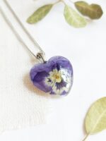 Pressed pansy necklace, Dainty heart necklace, Purple pansy jewelry, Tiny pressed flower necklace, Birthday gift for sister, Heart jewelry