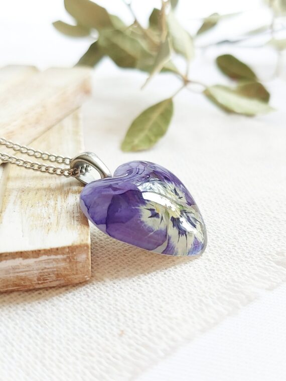 Pressed pansy necklace, Dainty heart necklace, Purple pansy jewelry, Tiny pressed flower necklace, Birthday gift for sister, Heart jewelry