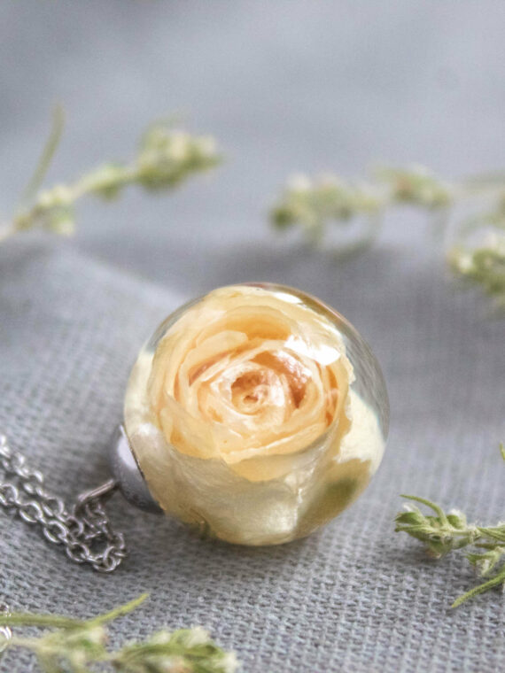 White Rose Flower Pendant Necklace, Dried Flower Jewelry