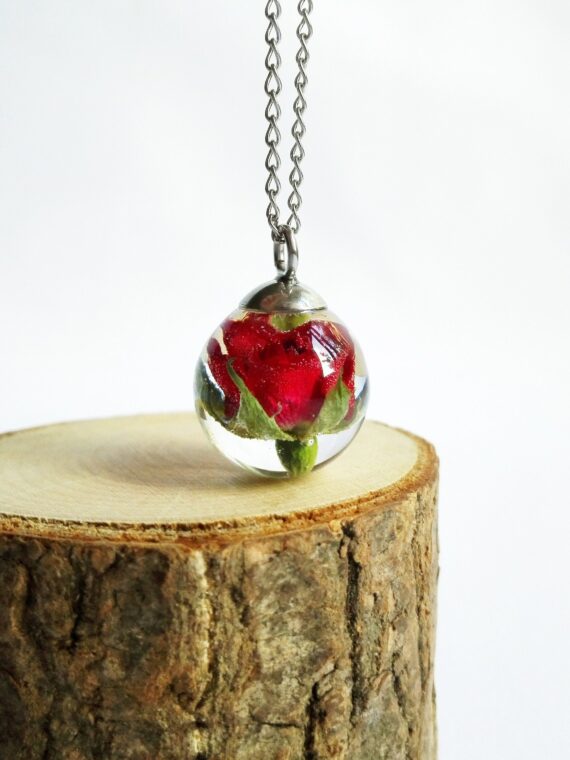Small Flower Pendant Necklace - Red Rose Jewelry in Eco Resin