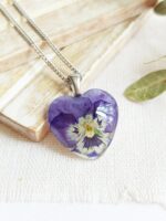 Pressed pansy necklace, Dainty heart necklace, Purple pansy jewelry, Tiny pressed flower necklace, Birthday gift for sister, Heart jewelry