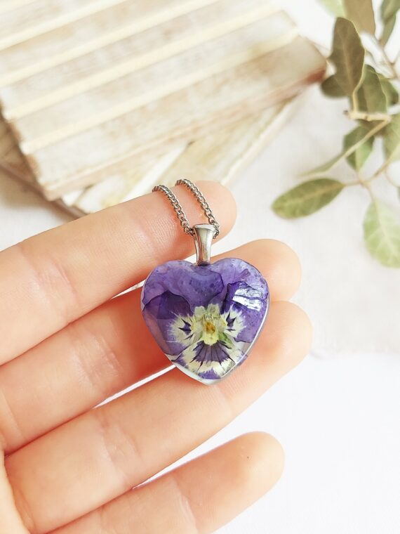 Pressed pansy necklace, Dainty heart necklace, Purple pansy jewelry, Tiny pressed flower necklace, Birthday gift for sister, Heart jewelry