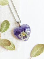 Pressed pansy necklace, Dainty heart necklace, Purple pansy jewelry, Tiny pressed flower necklace, Birthday gift for sister, Heart jewelry