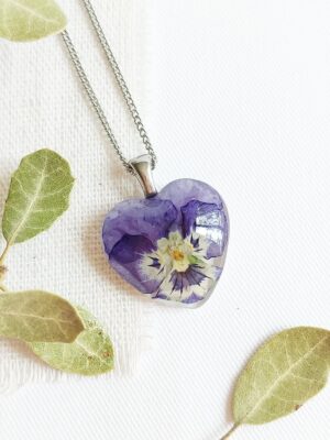 Pressed pansy necklace, Dainty heart necklace, Purple pansy jewelry, Tiny pressed flower necklace, Birthday gift for sister, Heart jewelry