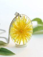Personalized pressed flower initial necklace, Yellow dandelion resin jewelry, Personalized gift for mom birthday