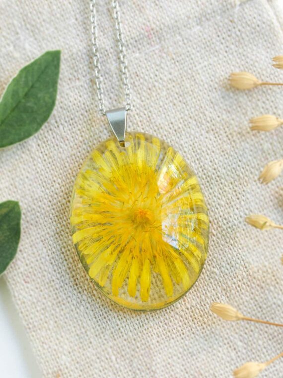 Personalized pressed flower initial necklace, Yellow dandelion resin jewelry, Personalized gift for mom birthday