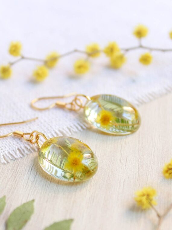Pressed flower earrings gold, Oval dangle earrings, Yellow flower earrings, Mimosa earrings, Nature earrings dangle, Unique gifts for women
