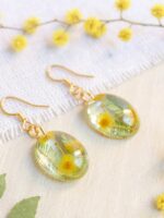 Pressed flower earrings gold, Oval dangle earrings, Yellow flower earrings, Mimosa earrings, Nature earrings dangle, Unique gifts for women