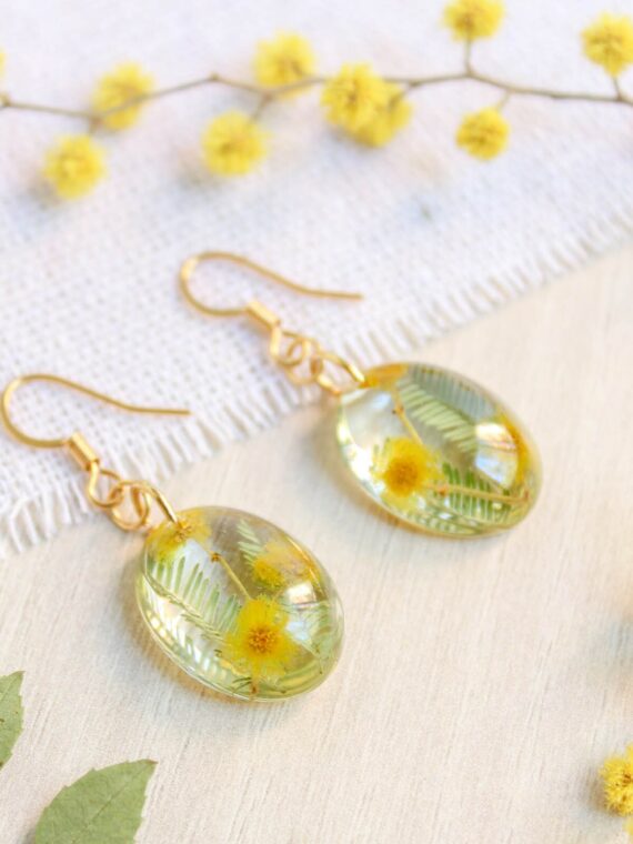 Pressed flower earrings gold, Oval dangle earrings, Yellow flower earrings, Mimosa earrings, Nature earrings dangle, Unique gifts for women
