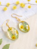 Pressed flower earrings gold, Oval dangle earrings, Yellow flower earrings, Mimosa earrings, Nature earrings dangle, Unique gifts for women