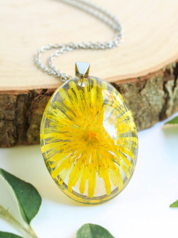 Wild flower necklace, Pressed dandelion flower necklace, Meadow necklace, Dandelion necklace for mom, Yellow dandelion jewelry, Nature gifts