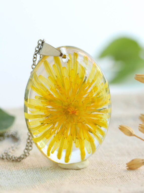 Personalized pressed flower initial necklace, Yellow dandelion resin jewelry, Personalized gift for mom birthday