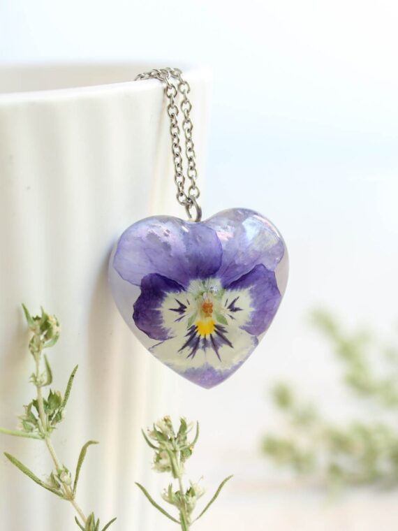 Dainty purple necklace, Real flower necklace, Birthday gifts for women  unique, Pansy jewelry, Dainty flower necklace, Heart flower necklace