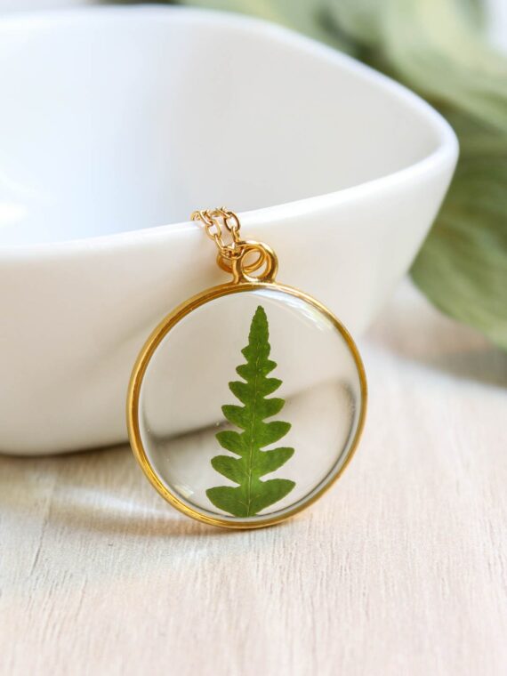 Dainty fern necklace, Pressed plant necklace, Botanical necklace gold, Dainty gold jewelry, Botanical gift for women, Dainty circle necklace