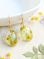 Pressed flower earrings gold, Oval dangle earrings, Yellow flower earrings, Mimosa earrings, Nature earrings dangle, Unique gifts for women