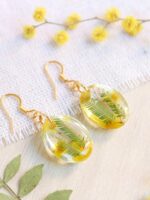 Pressed flower earrings gold, Oval dangle earrings, Yellow flower earrings, Mimosa earrings, Nature earrings dangle, Unique gifts for women