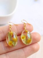 Pressed flower earrings gold, Oval dangle earrings, Yellow flower earrings, Mimosa earrings, Nature earrings dangle, Unique gifts for women