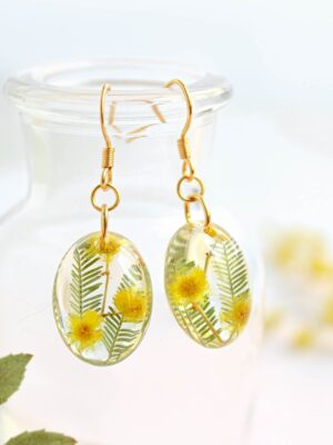 Pressed flower earrings gold, Oval dangle earrings, Yellow flower earrings, Mimosa earrings, Nature earrings dangle, Unique gifts for women