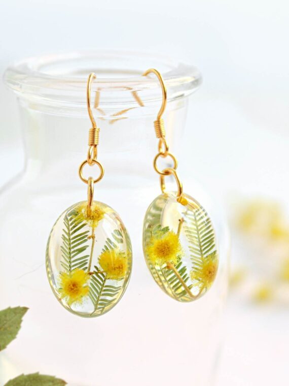 Pressed flower earrings gold, Oval dangle earrings, Yellow flower earrings, Mimosa earrings, Nature earrings dangle, Unique gifts for women
