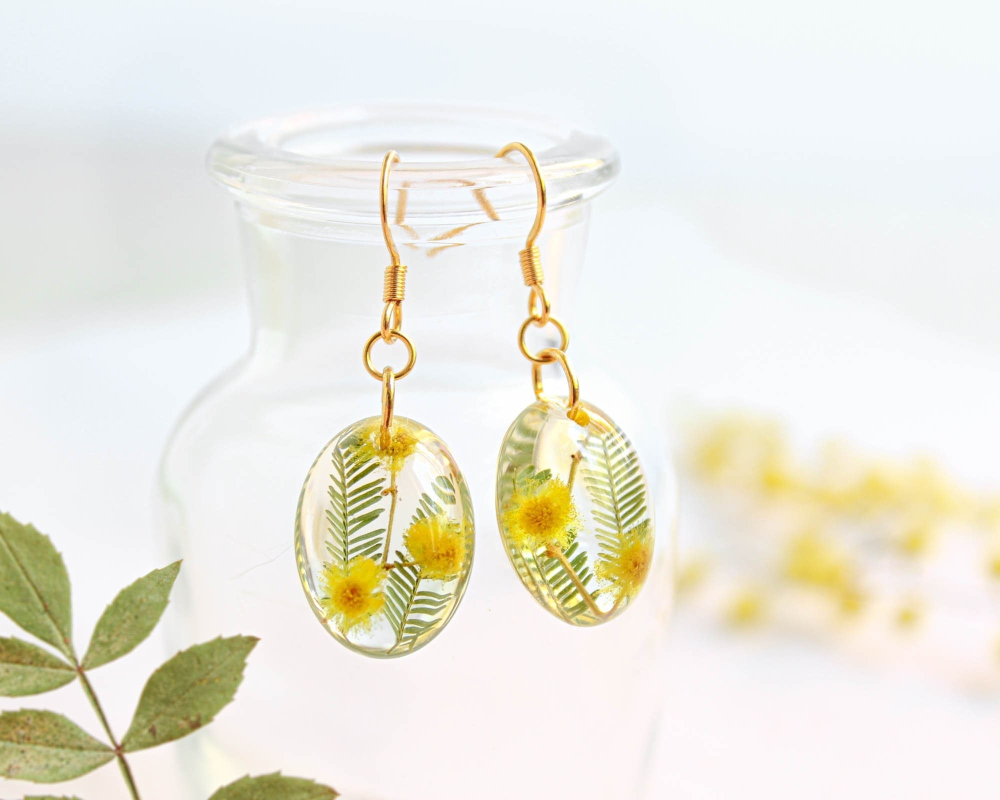 Pressed flower earrings gold, Oval dangle earrings, Yellow flower earrings, Mimosa earrings, Nature earrings dangle, Unique gifts for women