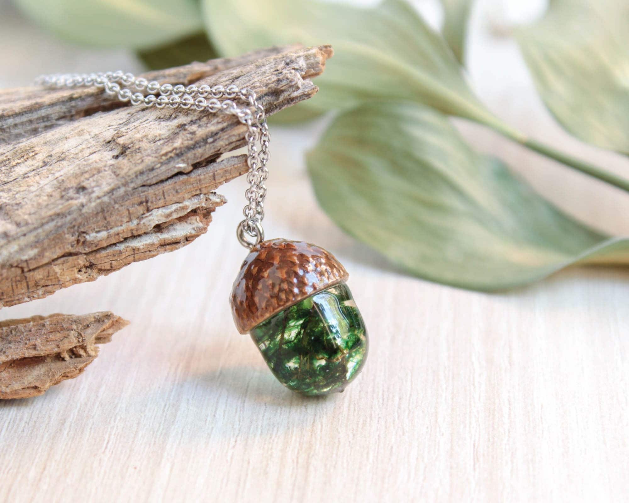Acorn necklace, Nature inspired necklace, Real moss necklace, Woodland necklace, Acorn jewelry, Nature lover gift for him or her