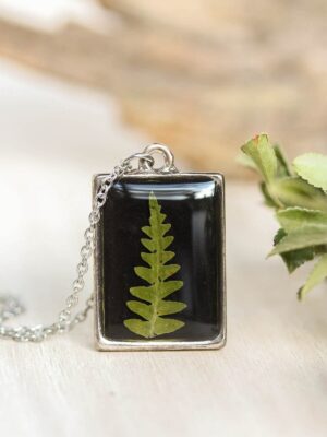 Pressed fern necklace, Double sided necklace, Rectangle necklace pendant, Boho gifts for women, Small black necklace, Unique boho jewelry