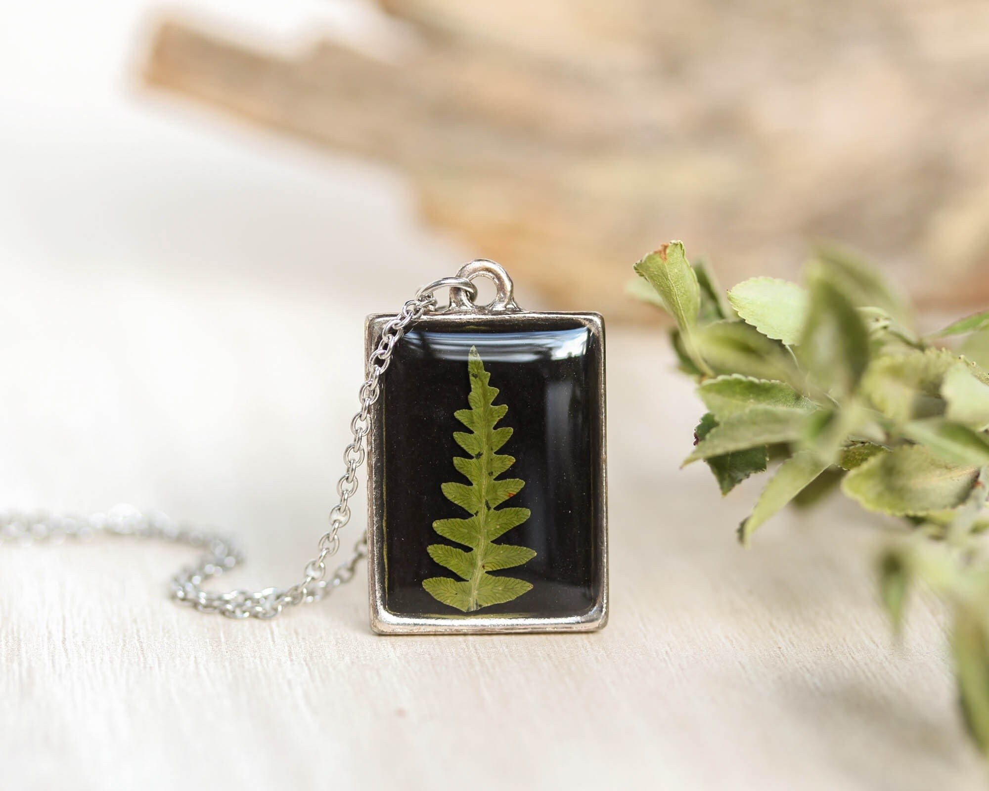 Pressed fern necklace, Double sided necklace, Rectangle necklace pendant, Boho  gifts for women, Small black necklace, Unique boho jewelry - Botania Jewelry