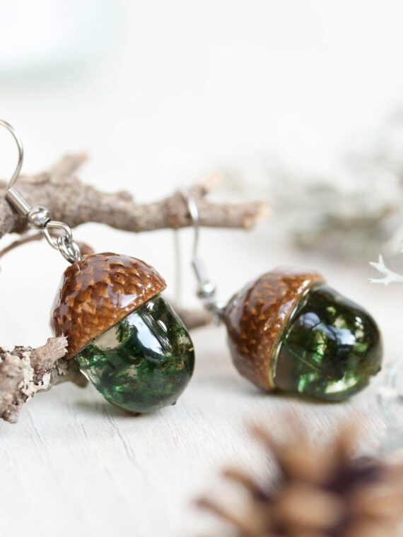 Forest earrings, Real acorn earrings, Real moss earrings, Botanical gifts, Bohemian earrings dangle, Forest jewelry, Green earrings dangle