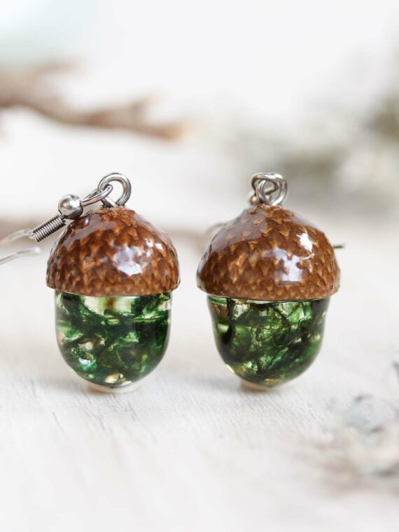 Forest earrings, Real acorn earrings, Real moss earrings, Botanical gifts, Bohemian earrings dangle, Forest jewelry, Green earrings dangle
