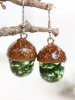 Forest earrings, Real acorn earrings, Real moss earrings, Botanical gifts, Bohemian earrings dangle, Forest jewelry, Green earrings dangle