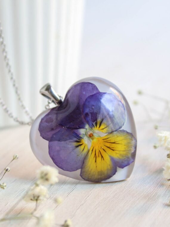 Real pansy necklace, Pansy flower necklace, Pressed flower jewelry, Heart flower necklace, Viola necklace, Bridesmaid gift, Pansy jewelry