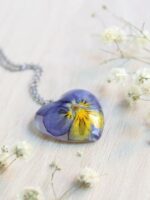 Dainty heart necklace, Pressed flower necklace, Purple heart necklace, Pansy necklace, Small flower necklace, Heart shaped pendant necklace