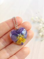 Dainty heart necklace, Pressed flower necklace, Purple heart necklace, Pansy necklace, Small flower necklace, Heart shaped pendant necklace