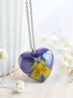 Dainty heart necklace, Pressed flower necklace, Purple heart necklace, Pansy necklace, Small flower necklace, Heart shaped pendant necklace