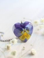 Dainty heart necklace, Pressed flower necklace, Purple heart necklace, Pansy necklace, Small flower necklace, Heart shaped pendant necklace