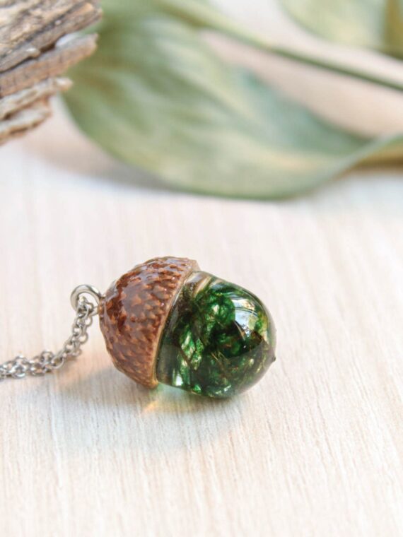 Acorn necklace, Nature inspired necklace, Real moss necklace, Woodland necklace, Acorn jewelry, Nature lover gift for him or her