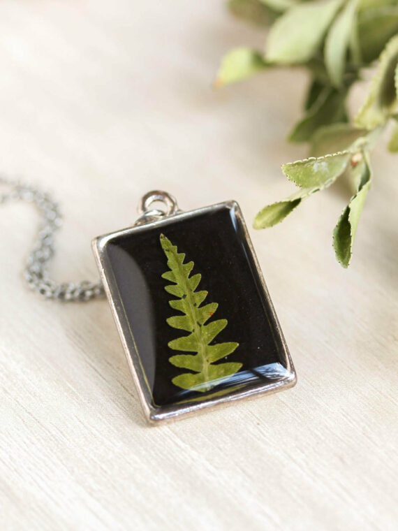 Pressed fern necklace, Double sided necklace, Rectangle necklace