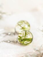 Nature inspired earrings, Real moss jewelry, Ball dangle earrings, Green boho earrings, Nature dangle earrings, Gift for birthday woman