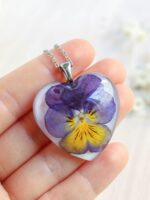Real pansy necklace, Pansy flower necklace, Pressed flower jewelry, Heart flower necklace, Viola necklace, Bridesmaid gift, Pansy jewelry