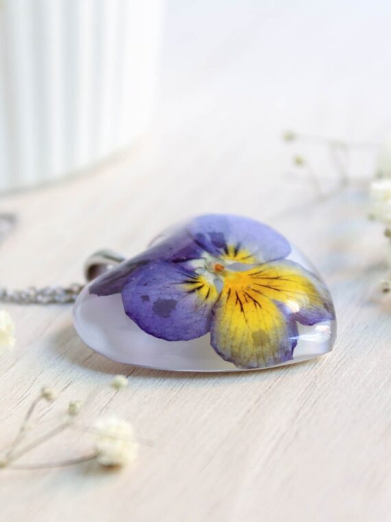 Real pansy necklace, Pansy flower necklace, Pressed flower jewelry, Heart flower necklace, Viola necklace, Bridesmaid gift, Pansy jewelry